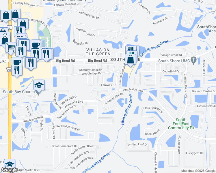 map of restaurants, bars, coffee shops, grocery stores, and more near 13344 Laraway Drive in Riverview