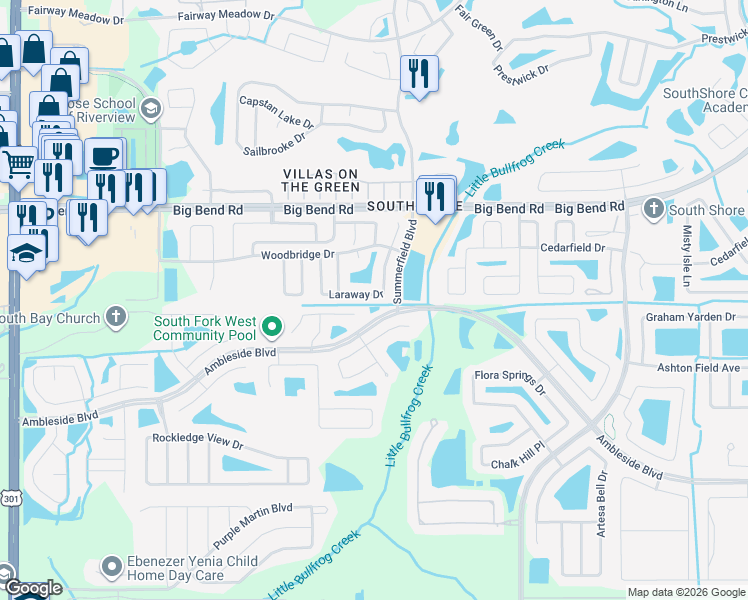 map of restaurants, bars, coffee shops, grocery stores, and more near 13337 Laraway Drive in Riverview