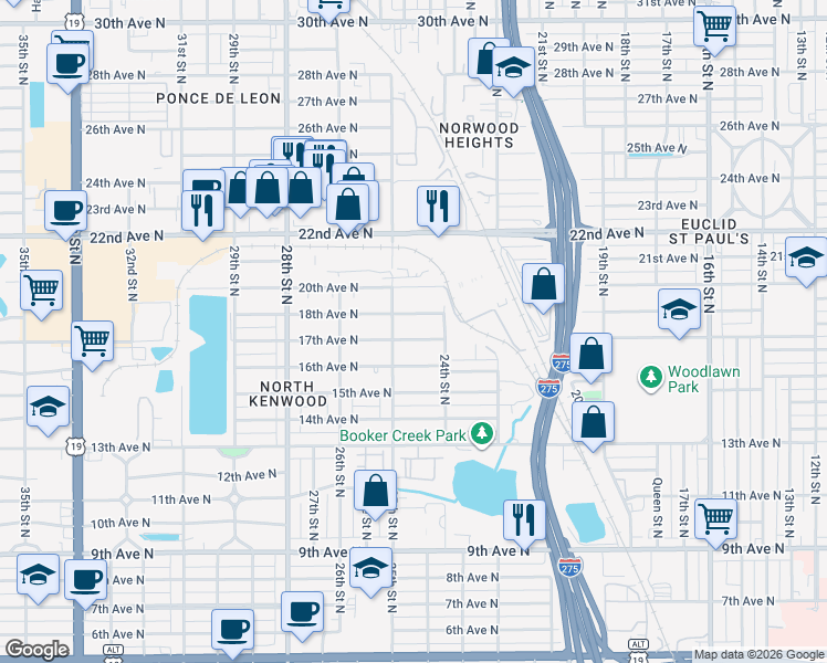 map of restaurants, bars, coffee shops, grocery stores, and more near 2464 18th Avenue North in St. Petersburg