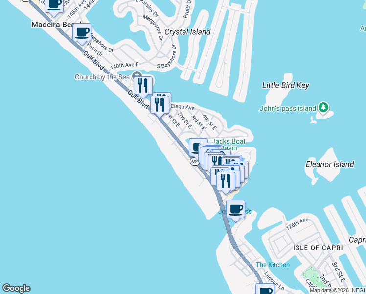 map of restaurants, bars, coffee shops, grocery stores, and more near 13235 Gulf Boulevard in Madeira Beach