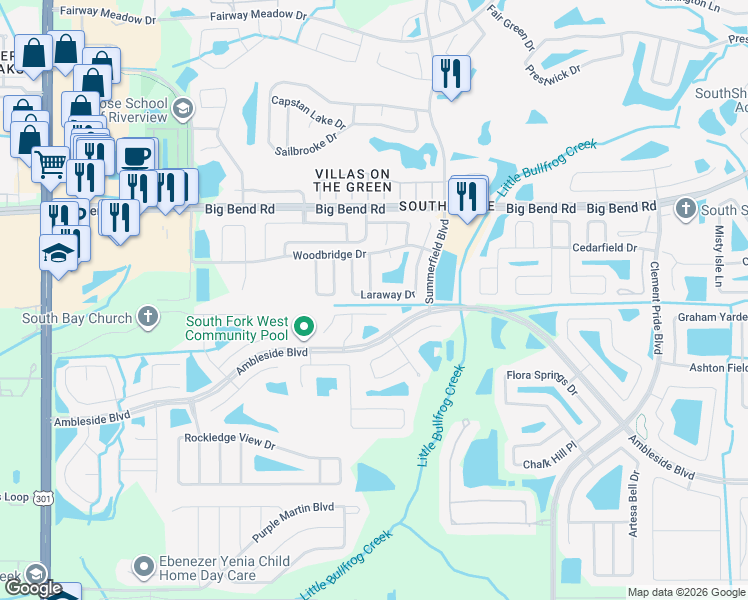 map of restaurants, bars, coffee shops, grocery stores, and more near 13415 Laraway Drive in Riverview