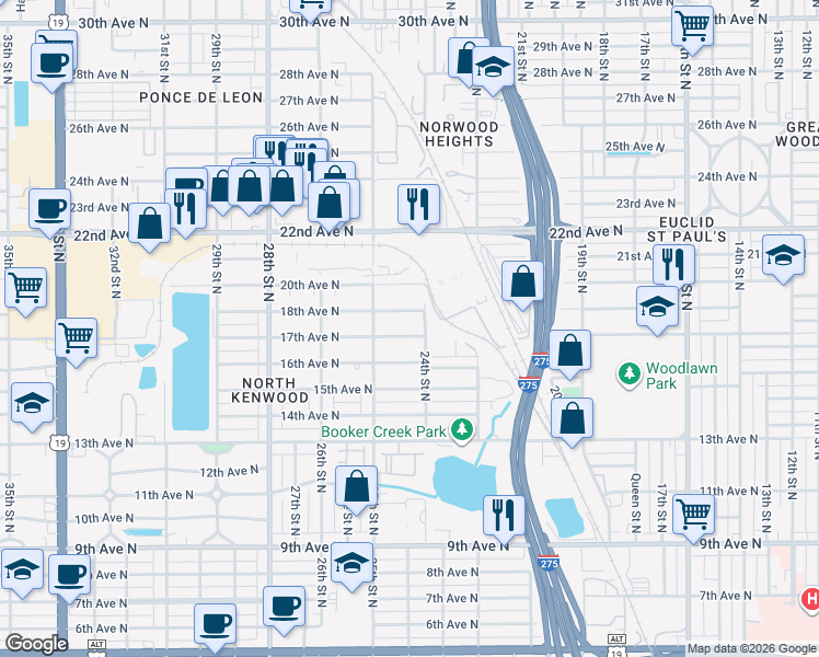 map of restaurants, bars, coffee shops, grocery stores, and more near 2464 18th Avenue North in St. Petersburg