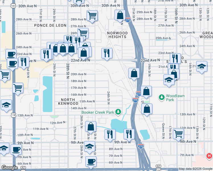 map of restaurants, bars, coffee shops, grocery stores, and more near 2400 18th Avenue North in St. Petersburg