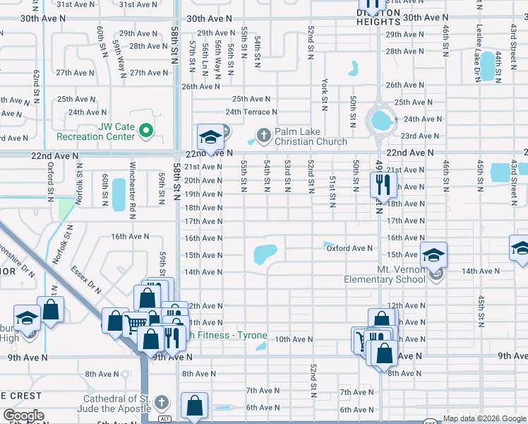 map of restaurants, bars, coffee shops, grocery stores, and more near 1778 54th Street North in St. Petersburg