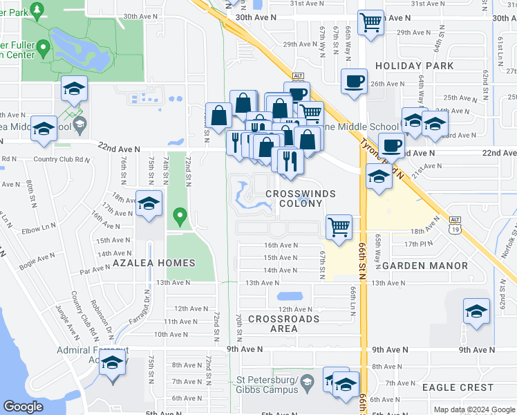 map of restaurants, bars, coffee shops, grocery stores, and more near 6810 Stonesthrow Circle North in St. Petersburg