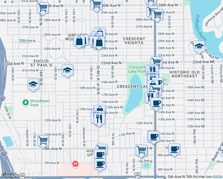 map of restaurants, bars, coffee shops, grocery stores, and more near 800 18th Avenue North in St. Petersburg