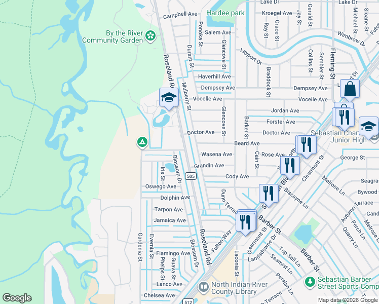 map of restaurants, bars, coffee shops, grocery stores, and more near 801 County Road 505 in Sebastian