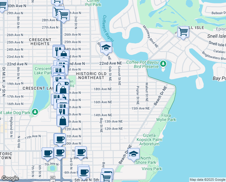 map of restaurants, bars, coffee shops, grocery stores, and more near 1800 Locust Street Northeast in St. Petersburg