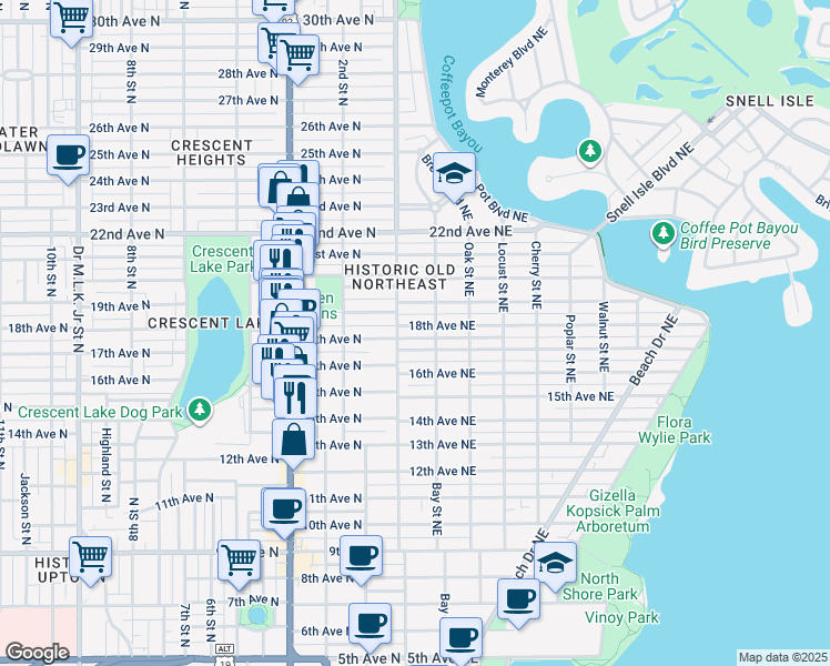 map of restaurants, bars, coffee shops, grocery stores, and more near 145 18th Avenue Northeast in St. Petersburg
