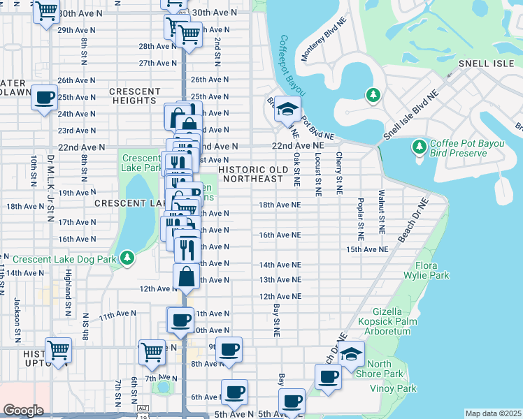 map of restaurants, bars, coffee shops, grocery stores, and more near 126 18th Avenue Northeast in Saint Petersburg