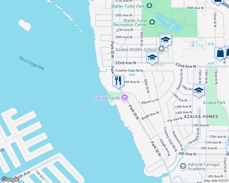 map of restaurants, bars, coffee shops, grocery stores, and more near 109 Elbow Lane North in St. Petersburg