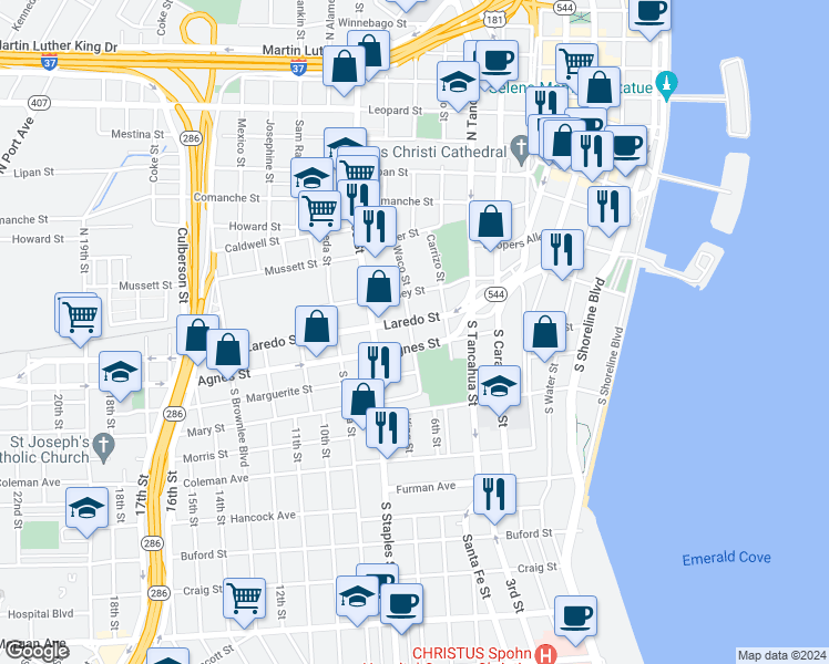 map of restaurants, bars, coffee shops, grocery stores, and more near 314 King Street in Corpus Christi