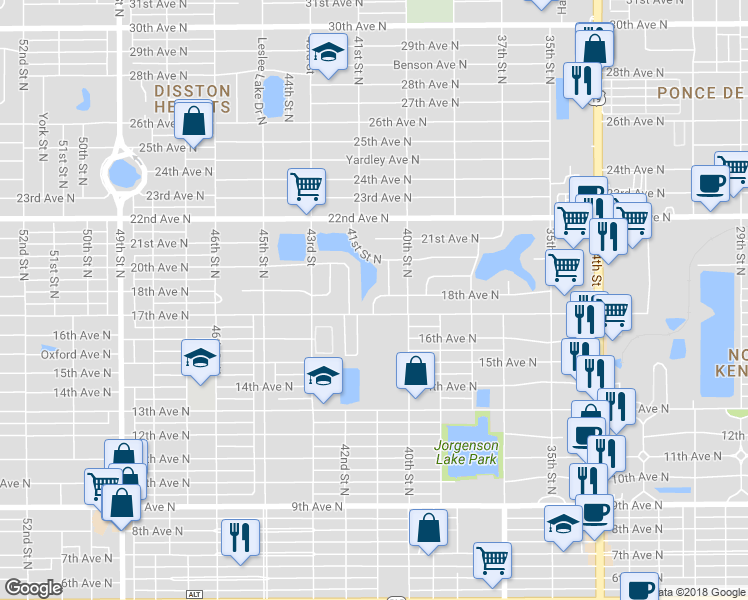 map of restaurants, bars, coffee shops, grocery stores, and more near 1701 41st Street North in St. Petersburg