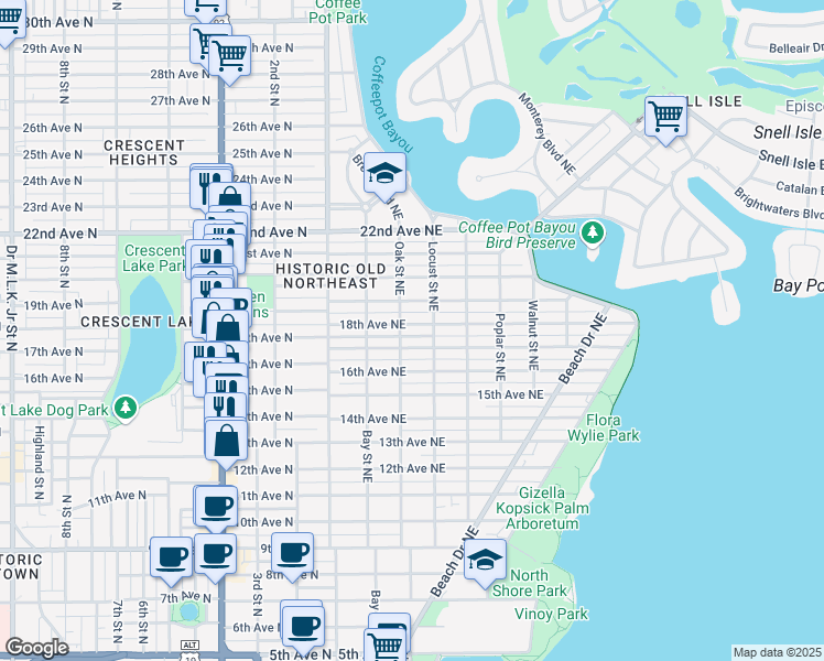 map of restaurants, bars, coffee shops, grocery stores, and more near 326 18th Avenue Northeast in Saint Petersburg