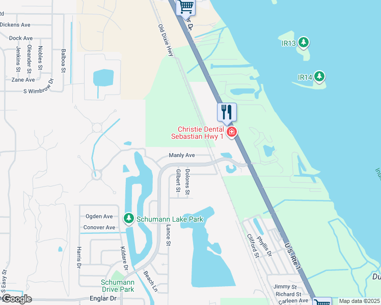 map of restaurants, bars, coffee shops, grocery stores, and more near 350 Manly Avenue in Sebastian