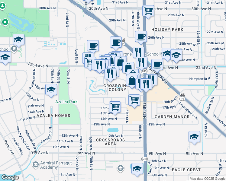 map of restaurants, bars, coffee shops, grocery stores, and more near 1701 68th Street North in St. Petersburg