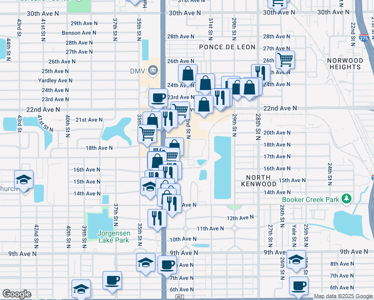 map of restaurants, bars, coffee shops, grocery stores, and more near 1725 34th Street North in St. Petersburg