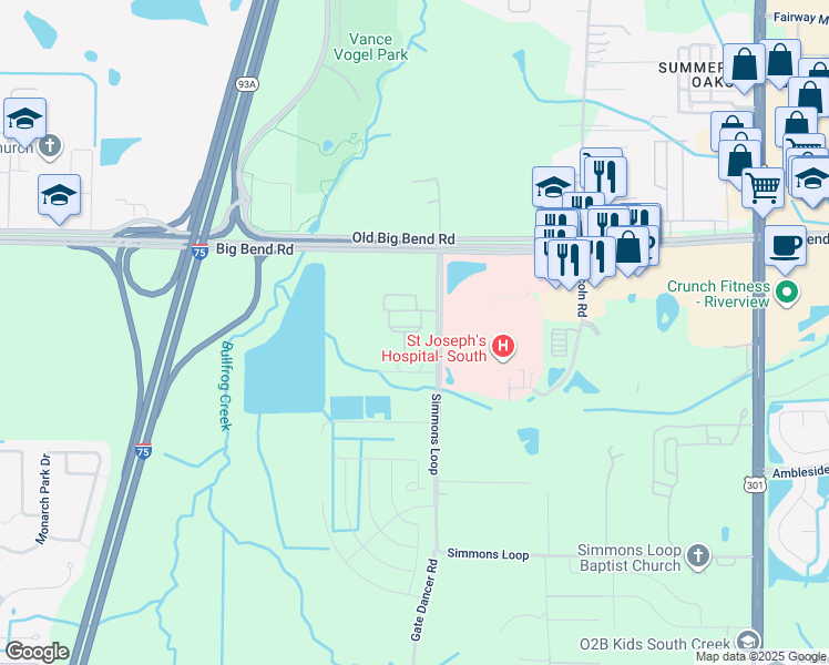 map of restaurants, bars, coffee shops, grocery stores, and more near Jonas Salk Drive in Riverview