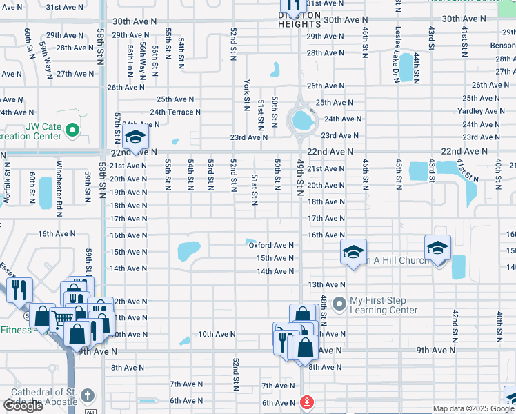 map of restaurants, bars, coffee shops, grocery stores, and more near 5052 18th Avenue North in St. Petersburg