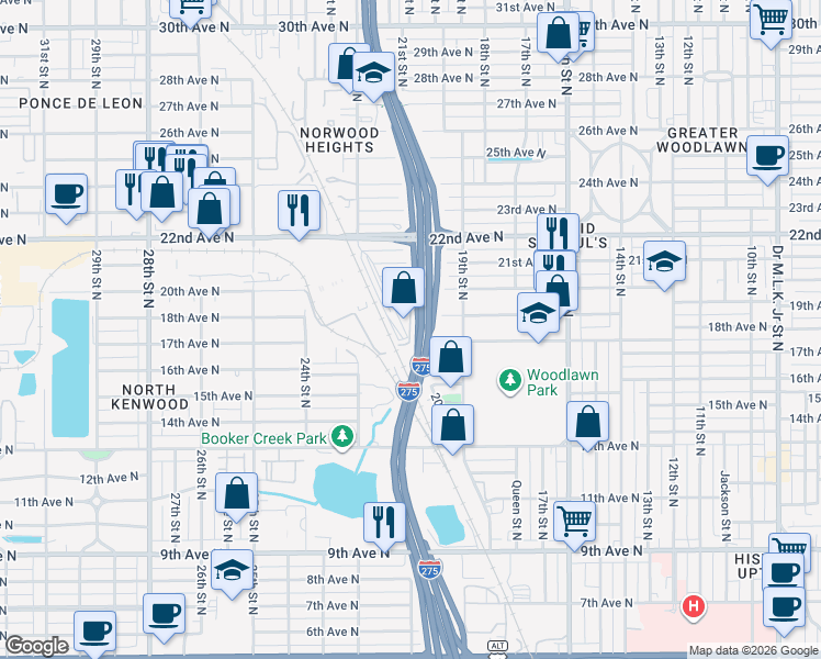 map of restaurants, bars, coffee shops, grocery stores, and more near 1940 18th Avenue North in St. Petersburg