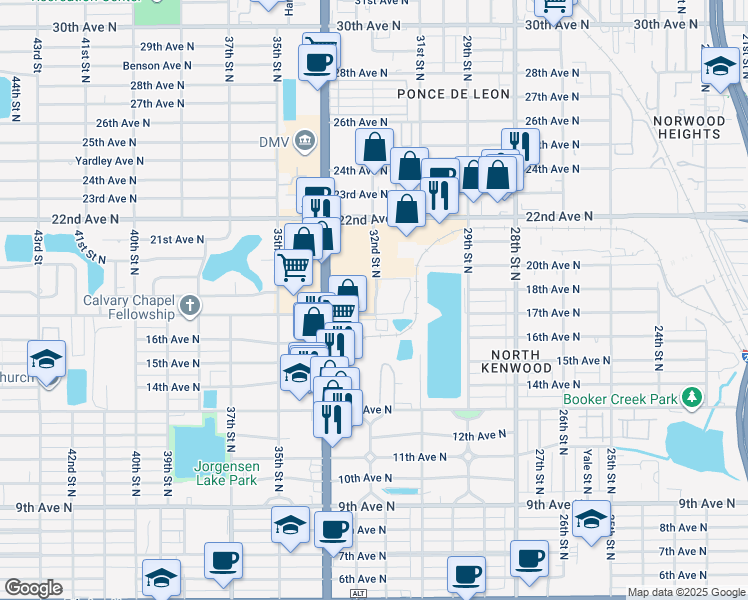 map of restaurants, bars, coffee shops, grocery stores, and more near 1725 34th Street North in St. Petersburg