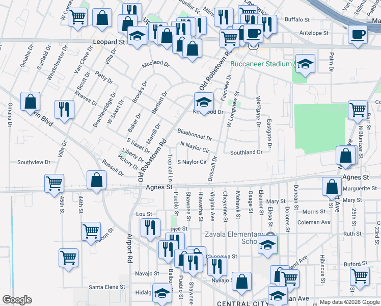 map of restaurants, bars, coffee shops, grocery stores, and more near 3539 North Naylor Circle in Corpus Christi