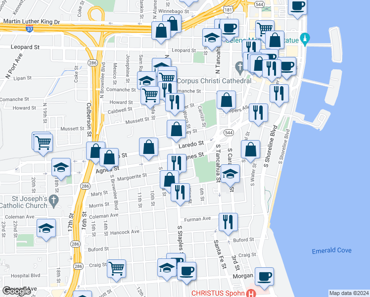 map of restaurants, bars, coffee shops, grocery stores, and more near 1009 Laredo Street in Corpus Christi