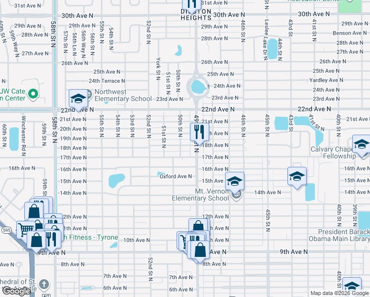 map of restaurants, bars, coffee shops, grocery stores, and more near 4934 18th Avenue North in Saint Petersburg