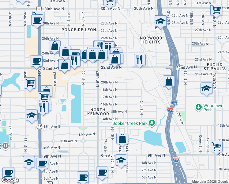 map of restaurants, bars, coffee shops, grocery stores, and more near 2610 18th Avenue North in St. Petersburg