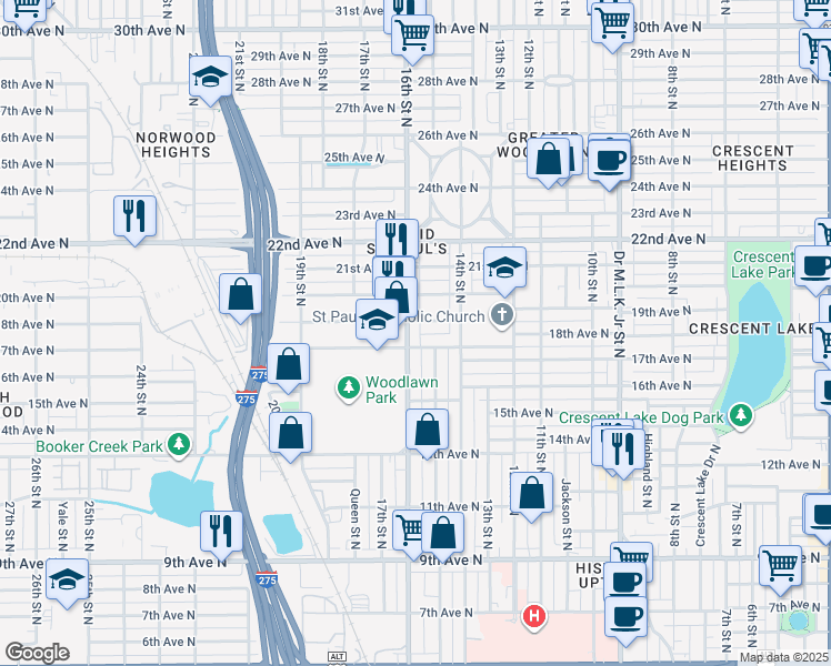 map of restaurants, bars, coffee shops, grocery stores, and more near 1727 16th Street North in St. Petersburg