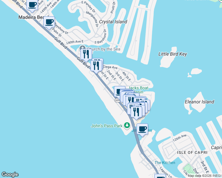 map of restaurants, bars, coffee shops, grocery stores, and more near 13235 Gulf Boulevard in Madeira Beach