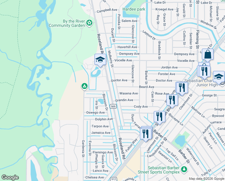 map of restaurants, bars, coffee shops, grocery stores, and more near 801 County Road 505 in Sebastian