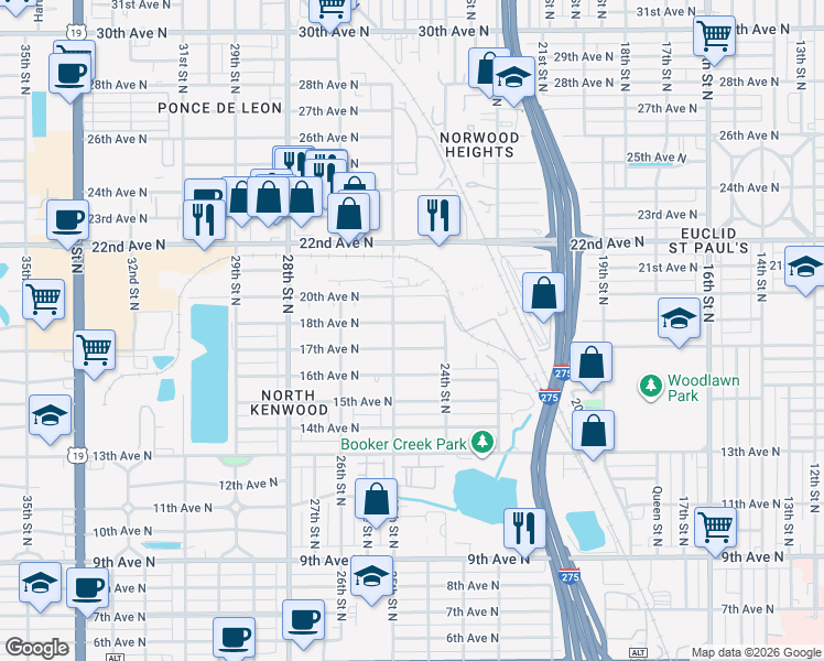 map of restaurants, bars, coffee shops, grocery stores, and more near 2464 18th Ave N in St Petersburg