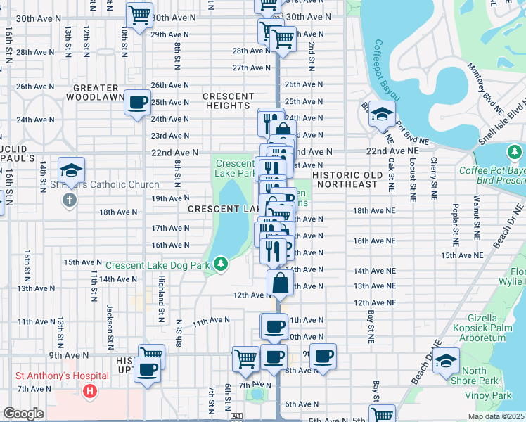 map of restaurants, bars, coffee shops, grocery stores, and more near 437 18th Avenue North in St. Petersburg