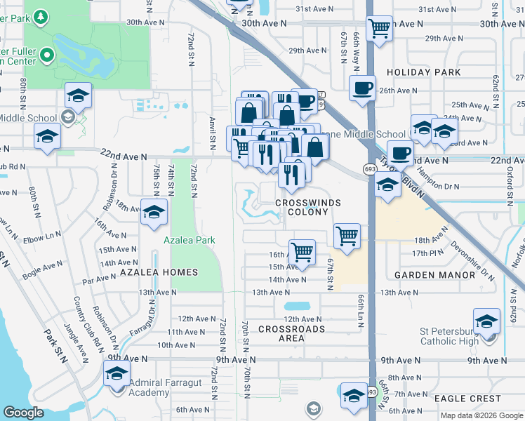 map of restaurants, bars, coffee shops, grocery stores, and more near 6930 Stonesthrow Circle North in St. Petersburg