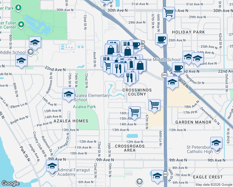 map of restaurants, bars, coffee shops, grocery stores, and more near 6930 Stonesthrow Circle North in St. Petersburg