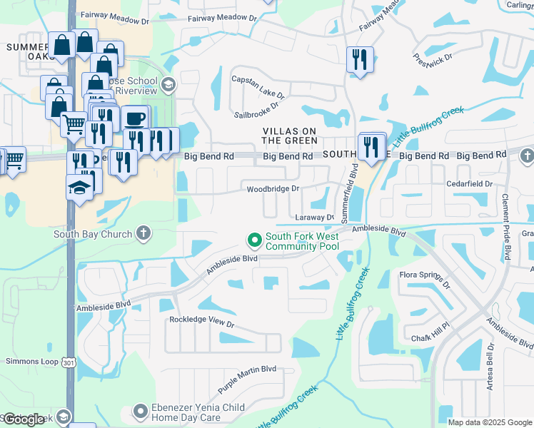 map of restaurants, bars, coffee shops, grocery stores, and more near 13637 Laraway Drive in Riverview