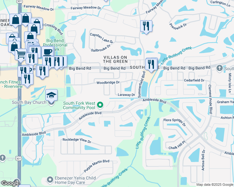map of restaurants, bars, coffee shops, grocery stores, and more near 13415 Laraway Drive in Riverview