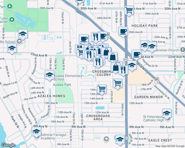 map of restaurants, bars, coffee shops, grocery stores, and more near 6801 Stonesthrow Circle North in St. Petersburg