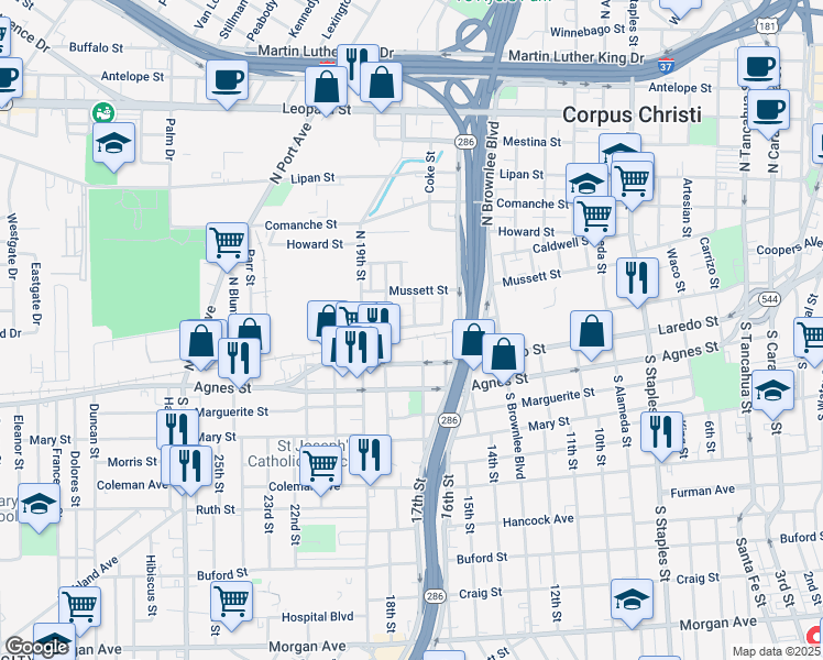 map of restaurants, bars, coffee shops, grocery stores, and more near 2007 Violeta Court in Corpus Christi