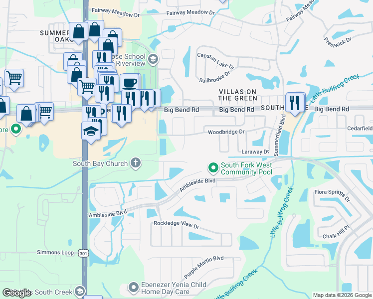 map of restaurants, bars, coffee shops, grocery stores, and more near 13314 Wellington Hills Drive in Riverview