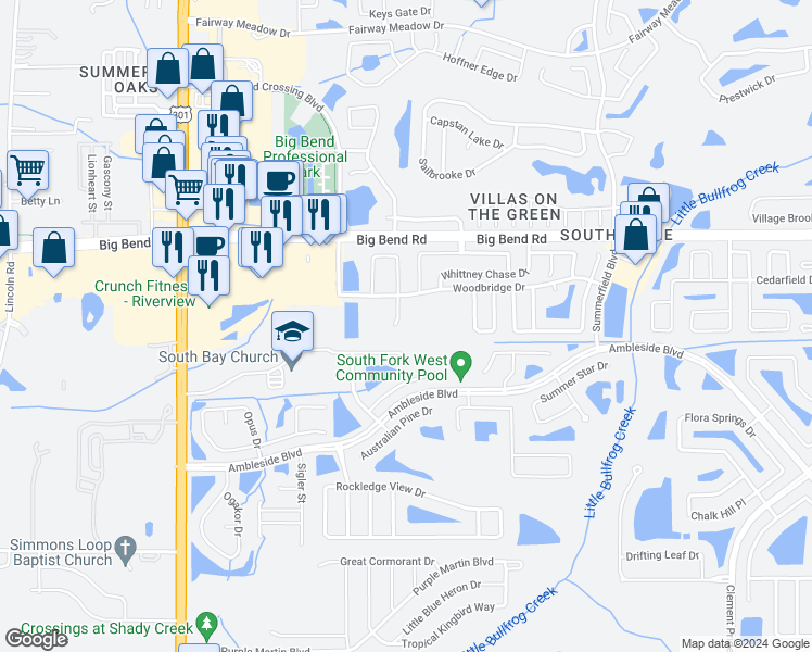 map of restaurants, bars, coffee shops, grocery stores, and more near 13314 Wellington Hills Drive in Riverview
