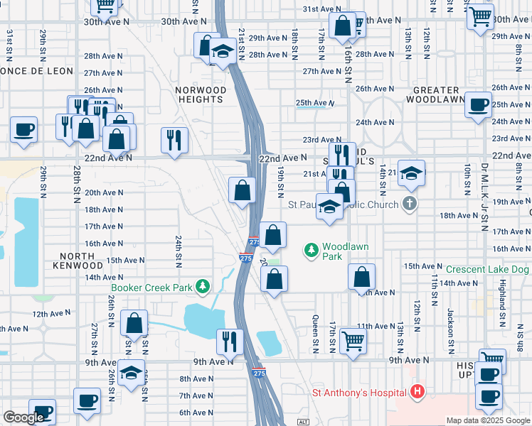 map of restaurants, bars, coffee shops, grocery stores, and more near 1940 18th Avenue North in St. Petersburg