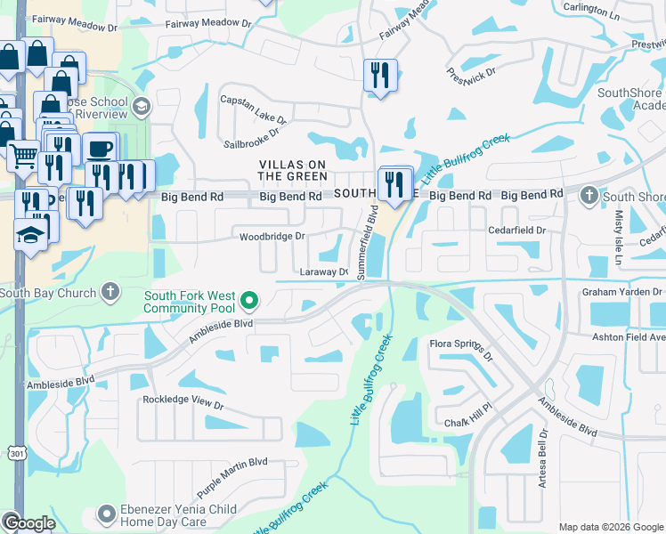 map of restaurants, bars, coffee shops, grocery stores, and more near 13335 Laraway Drive in Riverview