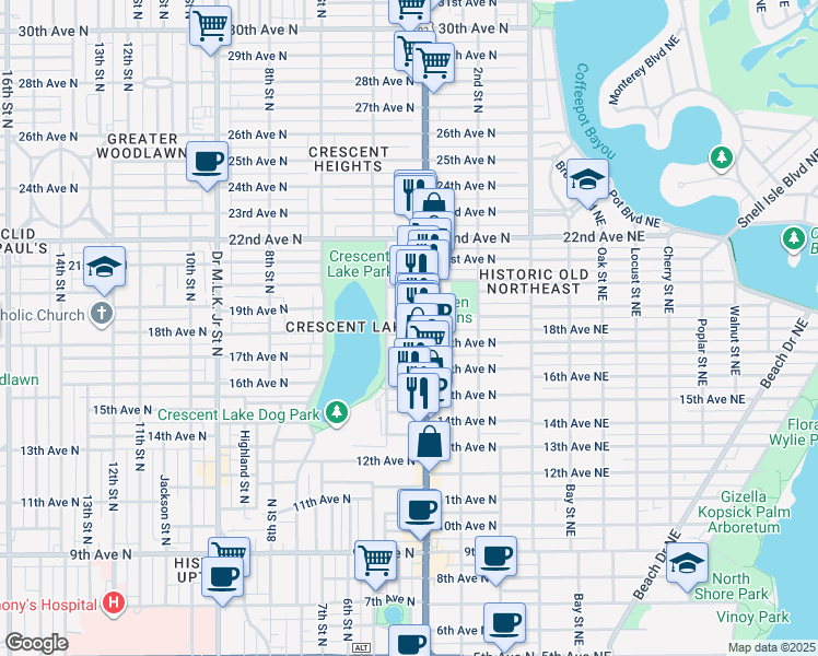 map of restaurants, bars, coffee shops, grocery stores, and more near 437 18th Avenue North in St. Petersburg