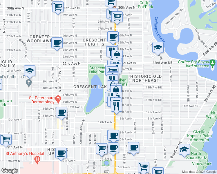 map of restaurants, bars, coffee shops, grocery stores, and more near 437 18th Avenue North in St. Petersburg