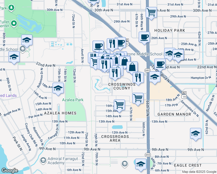 map of restaurants, bars, coffee shops, grocery stores, and more near 6801 Stonesthrow Circle North in St. Petersburg