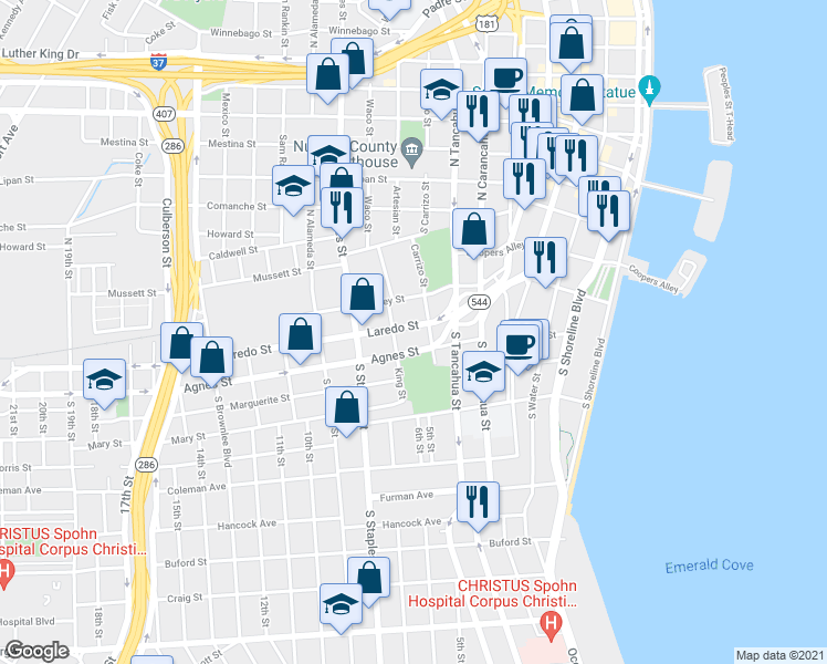 map of restaurants, bars, coffee shops, grocery stores, and more near 302 Laredo Street in Corpus Christi