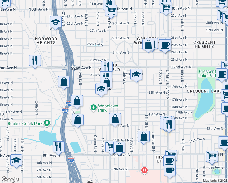 map of restaurants, bars, coffee shops, grocery stores, and more near 1727 16th Street North in St. Petersburg