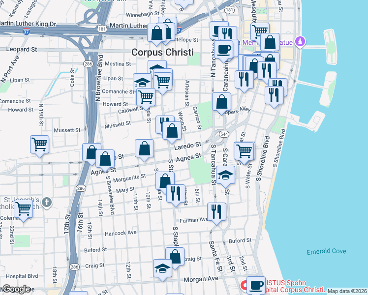 map of restaurants, bars, coffee shops, grocery stores, and more near 309 King Street in Corpus Christi